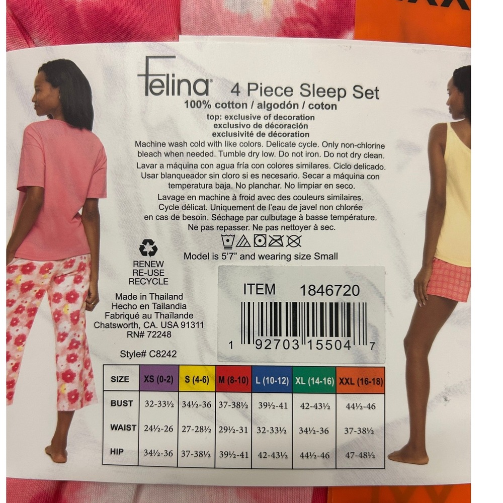 Felina Womens 4 Piece 100% Cotton Sleep Set Pajama T-Shirt Cami Capri XXL C8242 - Picture 3 of 3